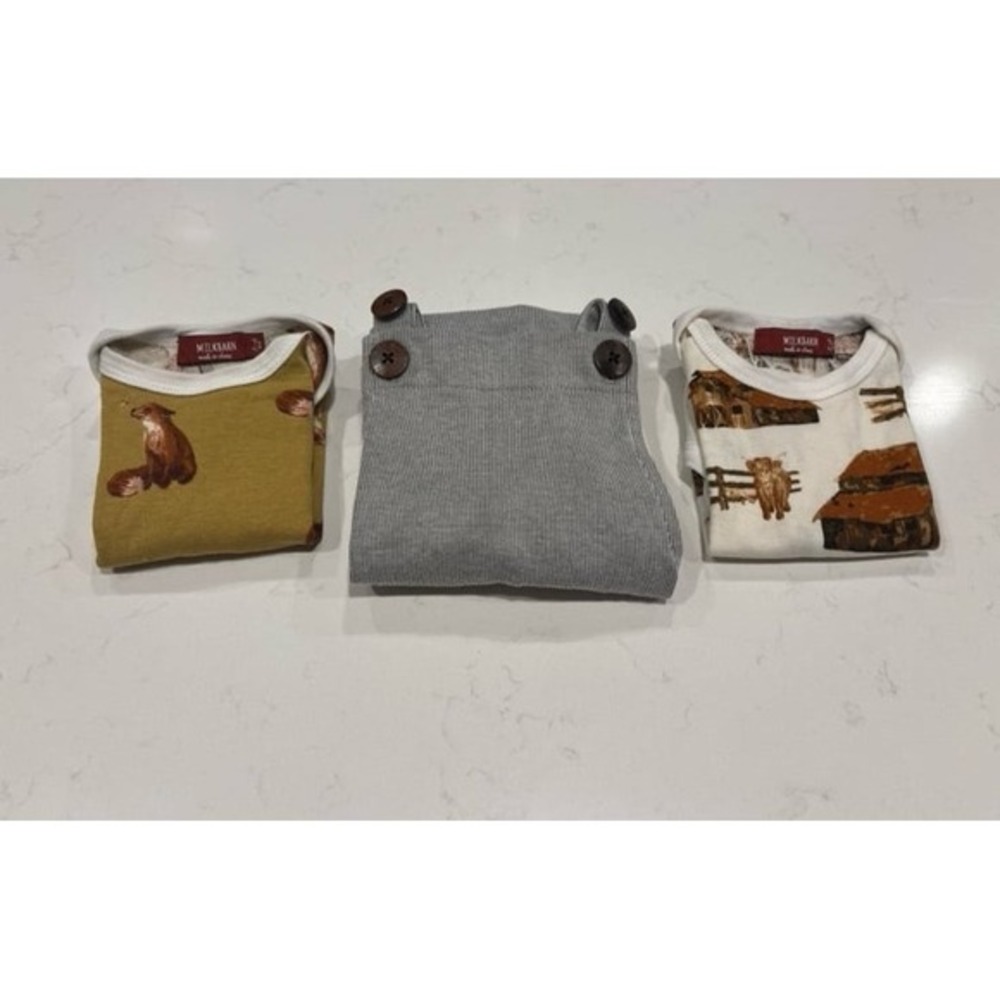 Milkbarn Baby 3pc Set Fox Farm Bodysuits and‎ Pinstripe Overalls 3-6 Months